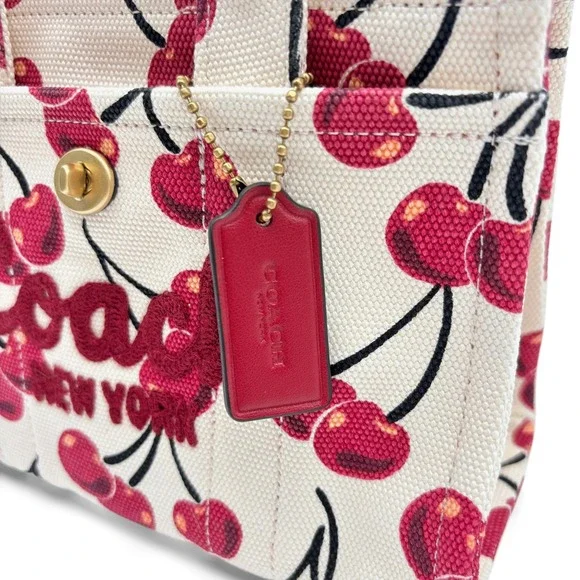 NEW COACH Mini Cargo Cherry Print Canvas Tote Bag 20 in Chalk/Multi - Picture 7 of 14